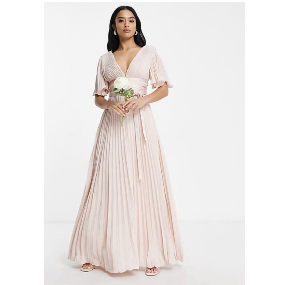 ASOS DESIGN blush pleated wrap waist maxi bridesmaid dress with bell sleeves 8